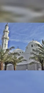 Scenic view of a mosque with palm trees and a clear blue sky.