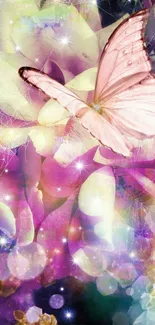 Pink and pastel butterfly with ethereal flowers.