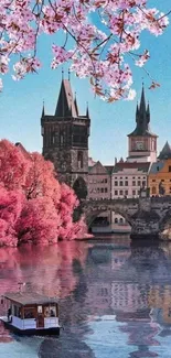 Prague skyline with cherry blossoms and tranquil river scene.