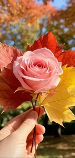 A pink rose surrounded by vibrant autumn leaves.