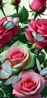 Pink roses and blue butterflies wallpaper for a serene mobile look.