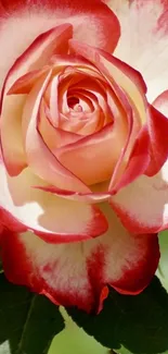 Close-up of a vibrant red and white rose with green leaves.