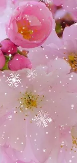 Mobile wallpaper with sakura flowers and snowflakes on a pink background.