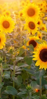 Vibrant field of sunflowers under the golden sunset.