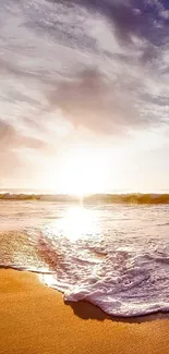 Serene sunset over a sandy beach with gentle waves and a pastel sky.