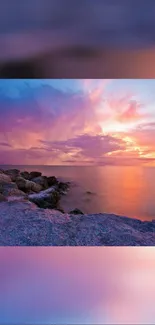 Sunset over ocean with rocky shore and vibrant sky colors.