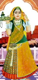 Traditional Indian woman in colorful attire as mobile wallpaper.