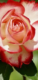 Two-tone rose with red and white petals on a green leafy background.