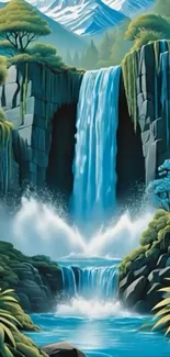 Scenic waterfall landscape with lush greenery.