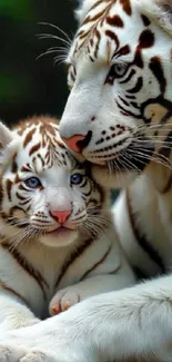 White tiger and cub in a tender moment.