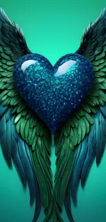 A sparkling blue heart with angel wings against a teal background.