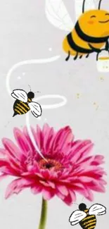 Cartoon bees and pink flower wallpaper on gray.