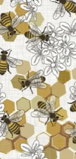 Bee and honeycomb pattern wallpaper with floral design.