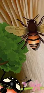 Cartoon bee and ladybug in whimsical nature art.