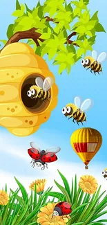 Cartoon bees with flowers and hive in a vibrant nature scene.