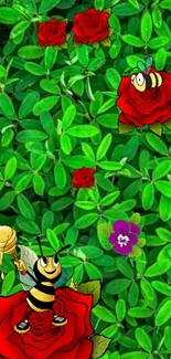 Mobile wallpaper with bees on red roses and green leaves.