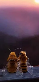 Two bees on a ledge at sunset with a violet and pink sky.