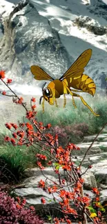 Bee flying over a colorful mountain landscape with vibrant flowers.