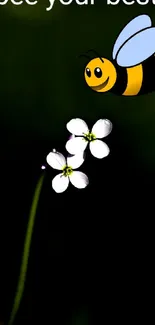 Cartoon bee flying over white flowers on mobile wallpaper.