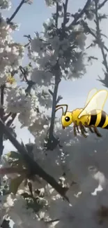 Cartoon bee on blooming branches in spring wallpaper.