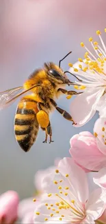 Closeup of bee on cherry blossom flower