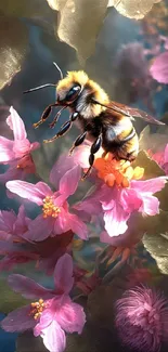 Bee on pink flowers with lush background, ideal for nature-themed mobile wallpaper.