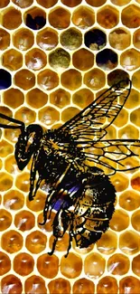 Bee resting on a vibrant honeycomb pattern, showcasing nature's intricate design.