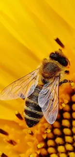 Bee perched on a bright sunflower with detailed textures.