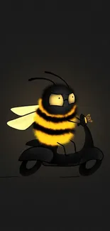 Cartoon bee on a scooter with vivid yellow stripes on a dark background.