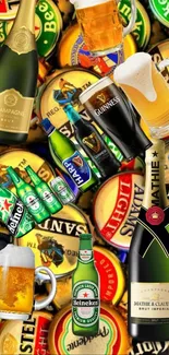 Colorful beer and champagne collage with bottles and caps.