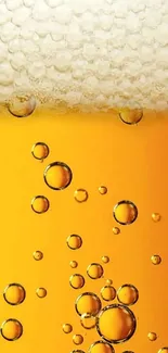 Close-up of beer bubbles with a frothy head in golden tones.