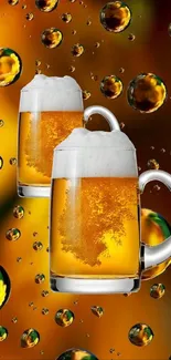 Two frothy beer mugs with bubbles on a golden background.