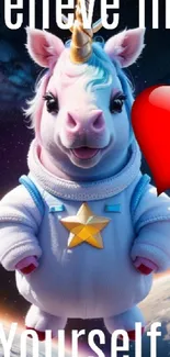 Cute unicorn in spacesuit with heart on a starry background wallpaper.