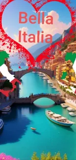 Italian coastal scene with heart graphic.