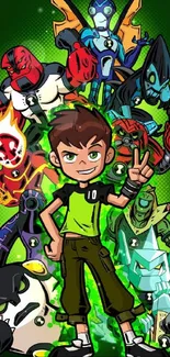 Ben 10 surrounded by alien heroes on a green background.