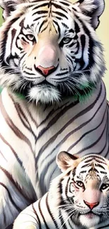 Majestic white tiger and cub on colorful gradient background.