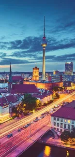 Berlin skyline at twilight with iconic TV Tower and city lights.