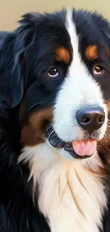 Bernese Mountain Dog portrait wallpaper with soft, earthy tones and charming details.