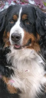 Bernese Mountain Dog surrounded by pink blossoms.