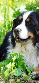 Bernese Mountain Dog lying in lush green grass in a serene setting.