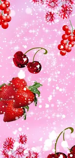 Vibrant wallpaper with red berries and flowers on a pink background.