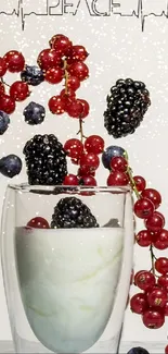 Mobile wallpaper with vibrant berries in a glass and a peace sign.