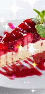 Sparkling berry cake slice with red glaze and mint on white dish.