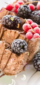 Chocolate and berries dessert wallpaper with artistic drizzles.