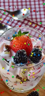 Refreshing berry yogurt parfait with strawberries and blackberries.