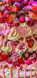 A vibrant berry cake with pink icing and fresh strawberries.