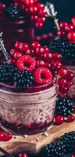 Mobile wallpaper of yogurt jars topped with red and black berries.