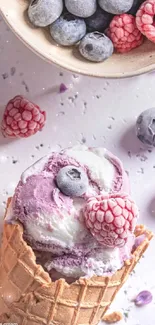 Berry ice cream cone with fruits on white background.