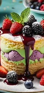 Berry-layered cake with colorful toppings, perfect for dessert lovers.
