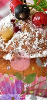 Colorful berry muffin with icing sugar on display.